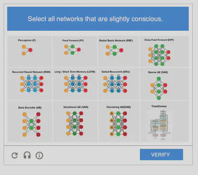 A CAPTCHA challenge containing twelve different artificial neural network architectures, and the text 'select all networks that are slightly conscious'