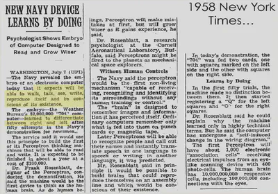 A scan of an article in the New York Times, from 1958. The text includes a quote by Frank Rosenblatt, inventor of the Perceptron, claiming that in principle such a neural network could be 'conscious of its existence'.